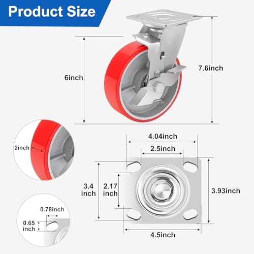 Image of Nefish 6 Inch Industrial Casters Set of 4 Heavy Duty No Noise Polyurethane Wheel on Steel Hub, Workbench Casters with Brakes 4800 Lbs, Plate Swivel Casters for Toolbox Workbench (4 Swivel & Brakes)