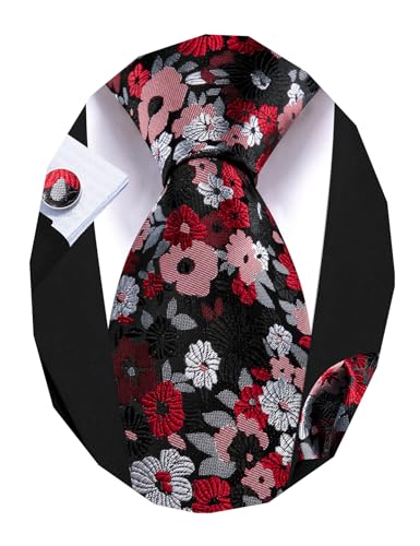 Image of Barry.Wang Flower Ties for Men Handkerchief Cufflinks Set Wedding Necktie Set Party