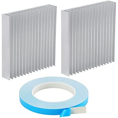 HSEAMALL 2 x Aluminium-Kühlkörper-Modul, 16 Kühllamellen für Hochleistungs-Transistor-Halbleiter-Geräte, 100 x 100 x 18 mm & 1 Rolle 20 mm x 25 m doppelseitiges Klebeband Cover