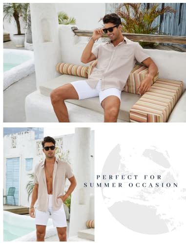 Evelom Linen Button Down Shirt For Men Short Sleeve Casual Shirts Mens Collar Summer Beach Shirt Khaki #TOP2