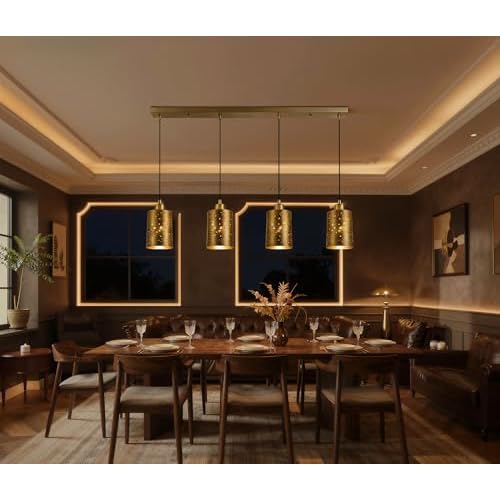 4 Pack Pendant Light Shades, Laser Starry Sky Design Cylinder Metal Lampshades with Electroplated Antique Brass Exterior Gold Interior, Lamp Shades 1-