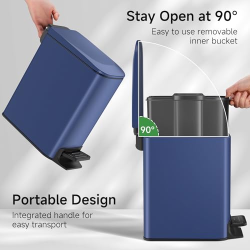 Image of TIPGO Small Bathroom Trash Can with Lid, 1.6 Gal, Soft Close, Navy Blue | Foot Pedal, Soft Quiet Lid, 5.9'' Slim for Narrow Space, Stainless Steel, Anti-fingerprint, Removable Inner Bucket, Odor Seal
