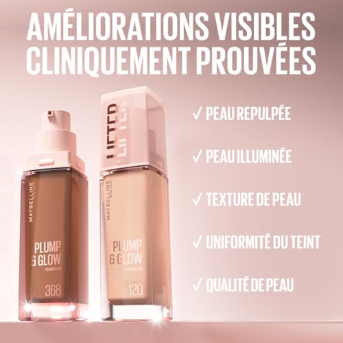 Maybelline New York Lifter Plump & Glow - Fond de Teint - Repulpe et Illumine Instantanément - Fini Uniforme, Lifté et Radieux - Teinte : 114 - 30 ml