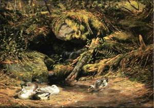 Peinture à l'huile Ducks at The Spring Head tableau canards 36x48 pouces