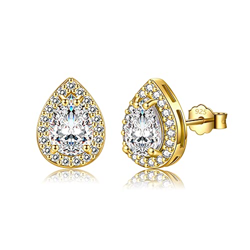 CERSLIMO Gold Stud Earrings for Women Girls, Round Faux Diamond Halo Earrings | Rectangle Teardrop Cubic Zirconia Stud Earrings - Dainty Bridal Earrings Jewelry for Brides Bridesmaids Wedding