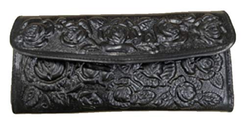Sharpshooter Ladies Tooled Leather Western Blossoming Roses Trifold Wallet (BLACK)