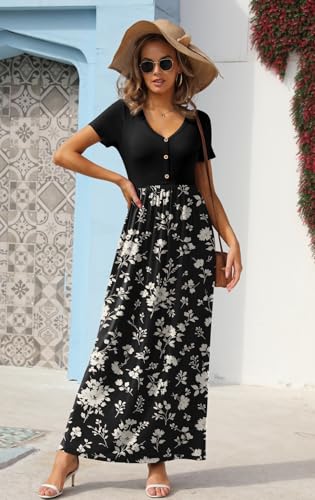Image of GRECERELLE Womens Summer Long Maxi Dresses 2026 Short Sleeve V Neck Casual Button Dress with Pockets