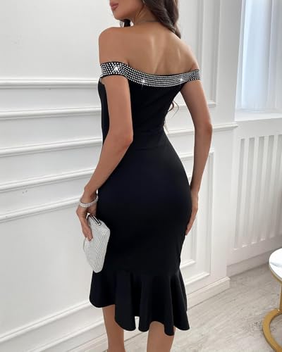 Women Off Shoulder Party Dress Rhinestone Decor Slim Fit Ruffles Split Hem Cocktail Club Midi Dresses3