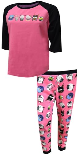 Bioworld Merchandising Ensemble de pyjama thermique gaufré Hello Kitty et ses amis Rose et noir, rose, XL