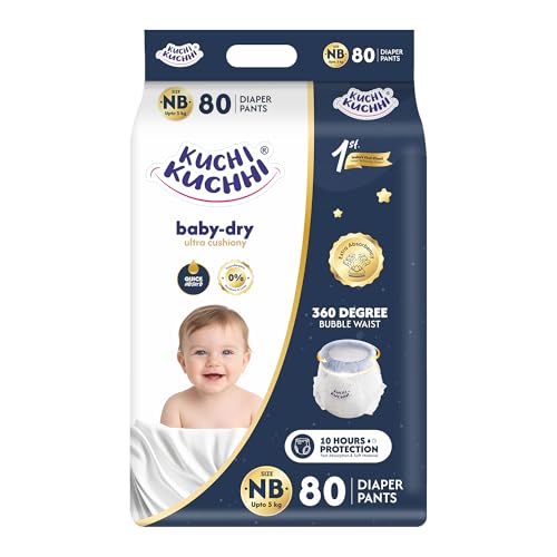 Image of Premium super soft baby diaper with a 3D bubble top and super absorbent core | Added active leak barriers and wetness indicators- NB Size, 80 Count