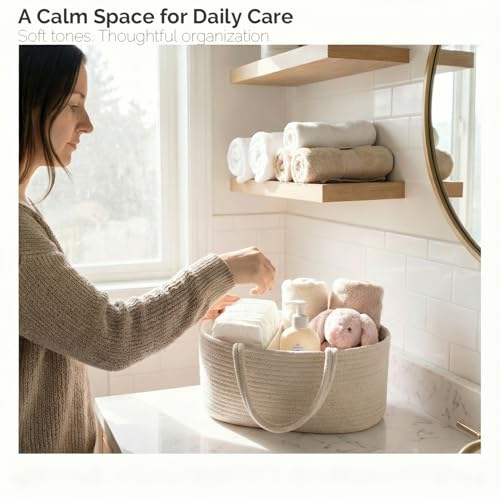 Image of luxury little Diaper Caddy Organizer, Large Cotton Rope Nursery Baby Basket, Changing Table Organizer for Baby Diaper Storage, Portable Car Organizer Removable Divider (Oatmeal, Large)