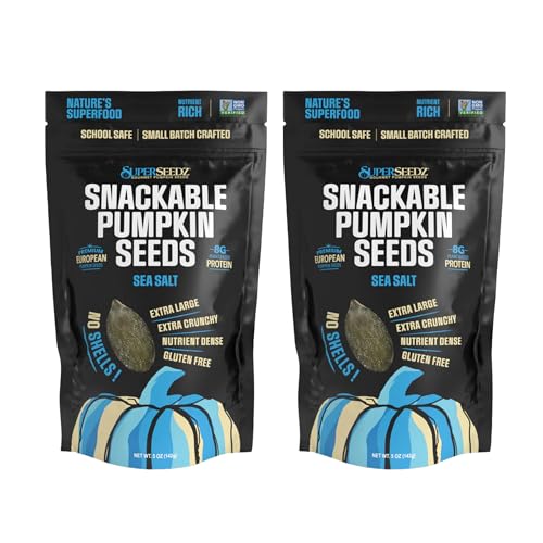 SuperSeedz Dry Roasted Pumpkin Seeds with Sea Salt – 8g Protein, Non-GMO Gluten-Free, Keto Snacks – Nut Free & School Friendly Organic Pumpkin Seeds – 5oz (2 Pack) Bag Large European No Shell Pepitas