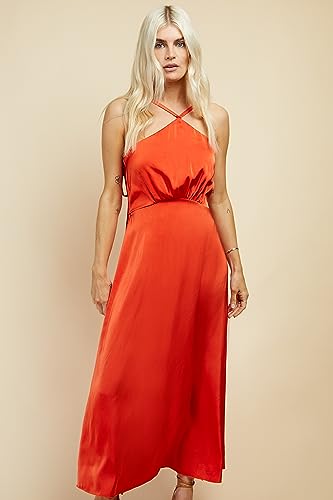 Robe de cocktail orange satin midaxi solution silhouette fluide mariage