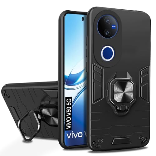 Image of AESTMO Vivo V50 5G / V50e 5G / Vivo T4R / iQOO Z10R 5G Back Case Cover | Tough Armor Bumper | Ring Holder & Kickstand in-Built | 360 Degree Protection Cover (Black)