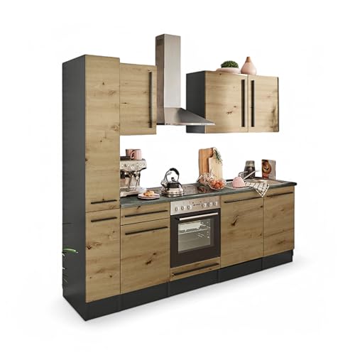 Stella Trading Jazz 8 Moderne Küchenzeile mit Elektrogeräten in Anthrazit, Artisan Eiche Optik - Geräumige Einbauküche mit viel Stauraum - 250 x 212 x 60 cm (B/H/T)