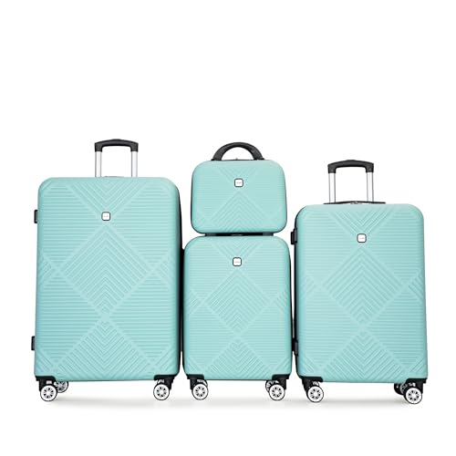 4-Piece ABS Lightweight Suitcase Set, 14 Inch Makeup Box, Aircraft Wheels (14/20/24/28) Light Blue