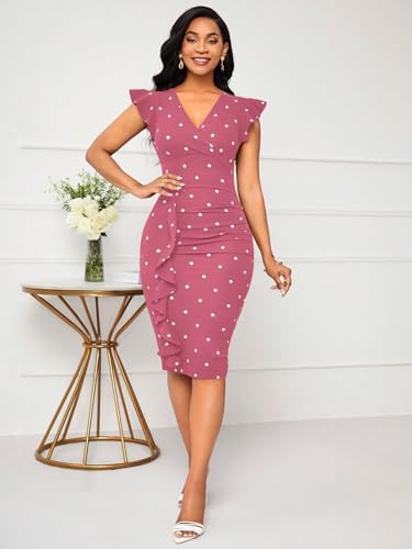 Image of Yajedo Women's Summer Bodycon Midi Dress Print Ruffled Sleeves V Neck Ruched Cocktail Pencil Dress
