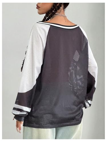 SHENHE Women's Oversized Mesh Jersey Shirt Y2k Long Sleeve Off Shoulder Graphic Tee Top2