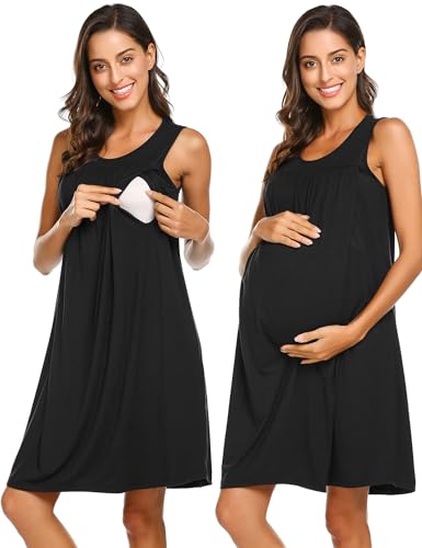 Image of Ekouaer Nursing Nightgown Pleated Hospital Gowns for Women Sleeveless Tank Labor Delivery Breastfeeding Dress