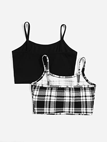 Image of OYOANGLE Girl's 2 Piece Plaid Sleevelee Spaghetti Strap Casual Crop Cami Tank Top
