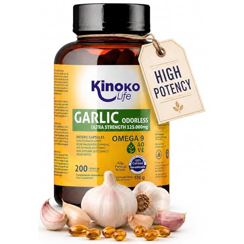 AIL 125,000 mg (extrait 500:1) | 200 gélules | Pas de Reflux | SANS ODEUR | à l'huile d'olive vierge | Haute concentration | avec 2500mcg d'allicine | Sans gluten | Sans GMO | Sans soja