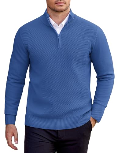 Image of COOFANDY Mens Jumper Quarter Zip Jumpers for Men Knitted Men's Sweaters Half Zip Golf Jumpers Winter Warm Stand Collar Pullover Blue L