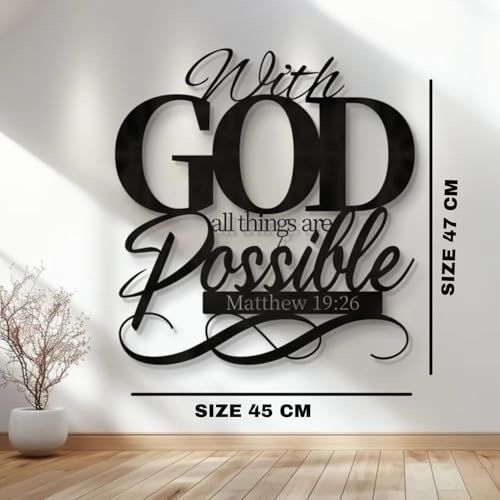 Image of BLIND SHOP Bible Verse Metal Matthew 19:26 Wall Decor for Home Decor | Wall Sculpture Home Decoration | Metal Art | Metal Wall Art | Home Wall Hangings Metal Decor (47 x 45 x 1.5 CM)