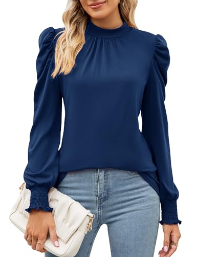 Image of LUYAA Puff Long Sleeve Shirts for Women Tops Dressy Casual Frill Mock Neck Smocked Cuffs Blouses