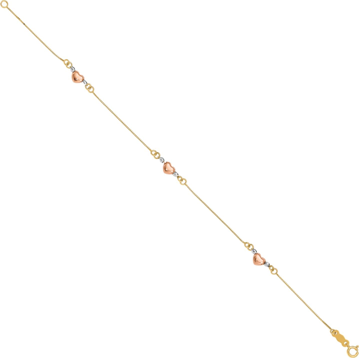 IceCarats 14K Solid Tri Color Gold 5mm Thick Box Chain Heart Charm Bracelet 7.25 inch Polished For Her