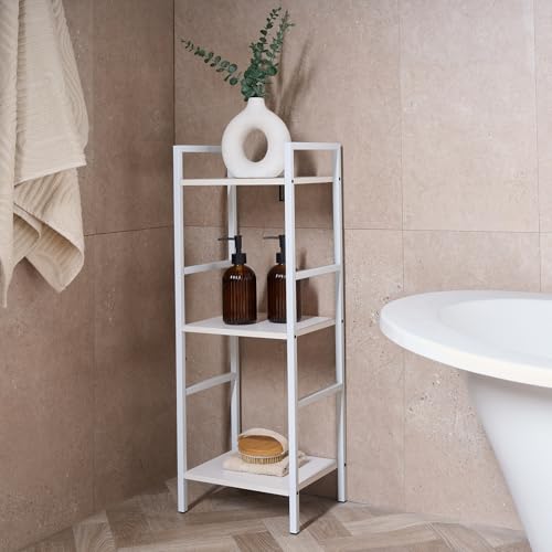 OHS Ladder Shelf 3 Tier Shelving Unit, Industrial Free Standing Storage Shelves for Living Room Bookcases Bedroom Wooden Shelf Unit with Metal Frame, All White - 80 x 30 x 24cm