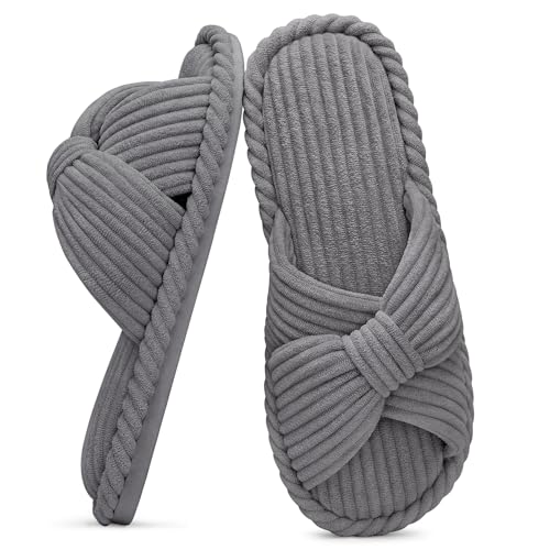 Image of Evshine Summer House Slippers for Women Corduroy Cross Bow Indoor Slippers Open Toe Slip On Bedroom Shoes with Memory Foam