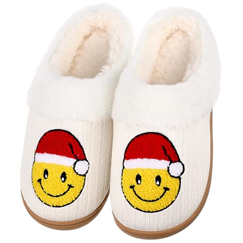 Cuffbow Christmas Slippers for Women House Shoes Reindeer Christmas Tree Smile Face Fuzzy Ugly Slippers for Holiday Xmas