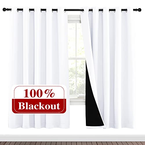 Image of NICETOWN 100% Blackout Window Curtain Panels, Full Light Blocking Drapes with Black Liner for Nursery, 72-inch Drop Thermal Insulated Draperies (White, 2 Pieces, 70-inch Wide Per Panel)
