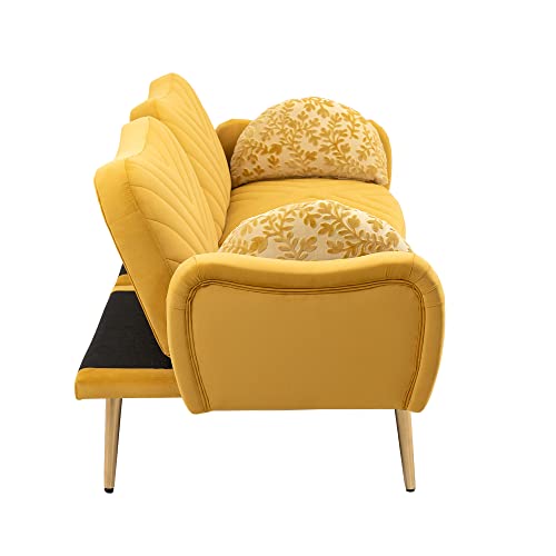 Sying88 Mid-Century Modern Loveseat Velvet Love Seat Sofa With 2 Bolsters Bedroom Apartment Home Office Ottoman Armrests Living Room Sofa 65 Inch Freestanding (Mustard) #TOP2