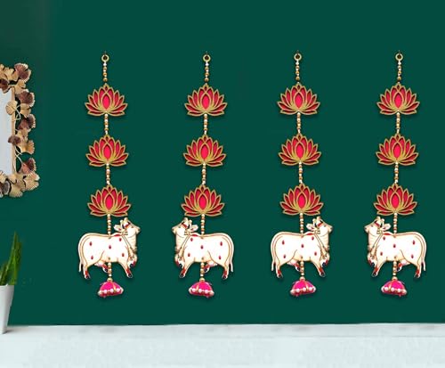 Image of CraftVatika Cow Pichwai Hanging & Golden Lotus Wall Door Decor Hanging MDF for Home, Temple, All Festival Decoration (4 Pc's)