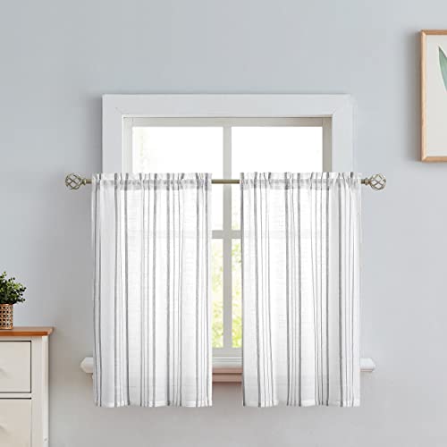SXZJTEX Striped Cafe Kitchen Curtains Tiers 36 Inch Grey White Linen