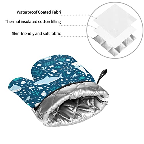 Cute Blue Fish Home Oven Gloves And Pot Holders 4-Piece Set For Kitchen Cooking And Baking High Heat Resistant Set #TOP7