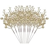 Operitacx Weihnachtsdekoration 12 Künstliche Beerenzweige mit Glitzerbeeren Gold für Winterliche Wohndekoration und Kranzgestaltung