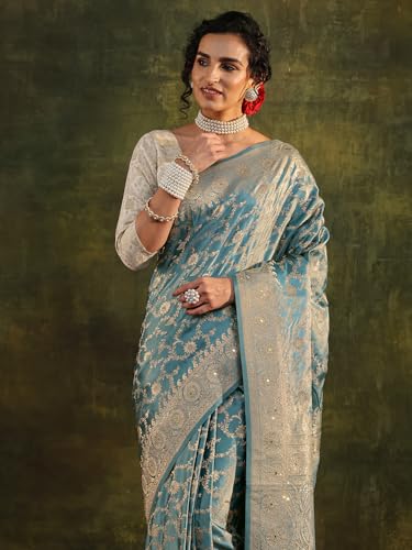 Image of Libas Woven Design Satin Saree for Women With Unstitched Blouse Piece | Traditional Saree for Festive & Wedding