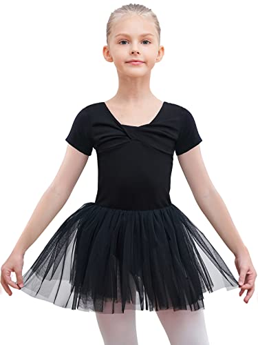 PLIKSUVER Ballettkleidung Mädchen Ballettkleid Kinder Kurzarm Baumwolle Balletttrikot Ballettanzug Tanzkleid Tanzbody mit Rock Tütü (Schwarz Kurzarm, 110) Cover