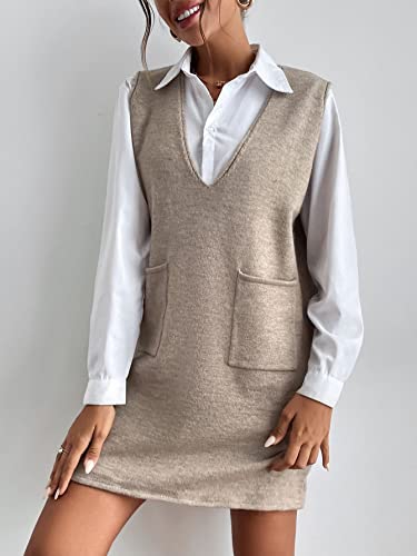 Image of SHENHE Women's V Neck Sleeveless Knit Sweater Vest Dress Overall Shift Dress with Pockets Khaki M