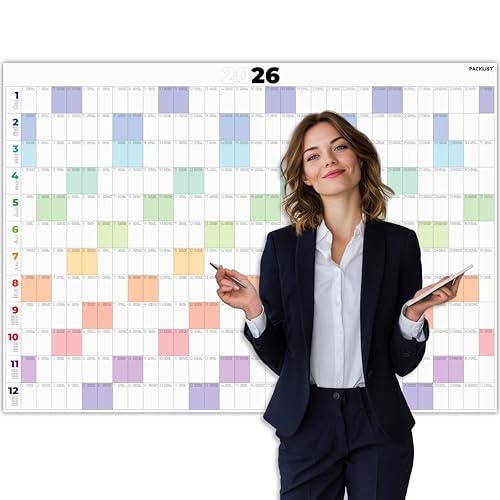 PACKLIST® Calendario Anual 2026 Pared Grande Planificador 2026 Tamaño Poster Grande DIN A1 84 x 60 cm - Planificador Anual Pared para Potenciar la Organización Familiar, Estudios y Trabajo
