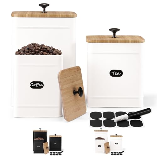 PERFNIQUE Kitchen Canisters for Countertop Set of 3, Airtight Canisters Sets for the Kitchen Counter with Lid, Metal Farmhouse Food Storage Containers Jars for Flour Sugar Coffee Tea Spice (White)