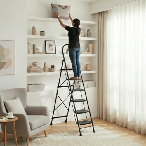 Image of Wakefit Premium 6 Step Foldable Ladder | Wide Anti-Skid Steps | Strong Alloy Steel with X-Support for More Stability | Supports Up to 150 kg |Rust Resistant| Heavy Duty Portable Ladder | Ascenta Black