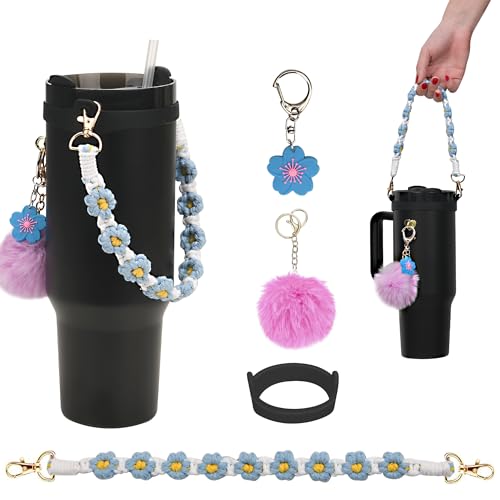 Wongeto Stanley Cup Accessories Set Including Water Bottle Handle Strap, Stanley Charms Cute Keychain for Stanley 30oz 40oz Tumbler Stanley Accessories- Woven Stanley Handle Strap（Blue