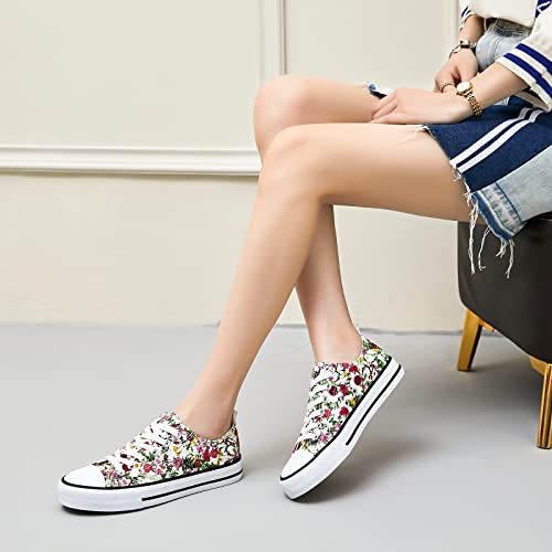 Adokoo Womens Canvas Shoes Casual Cute Sneakers Low Cut Lace Up Fashion Comfortable For Walking(Flower,Us9) #TOP7