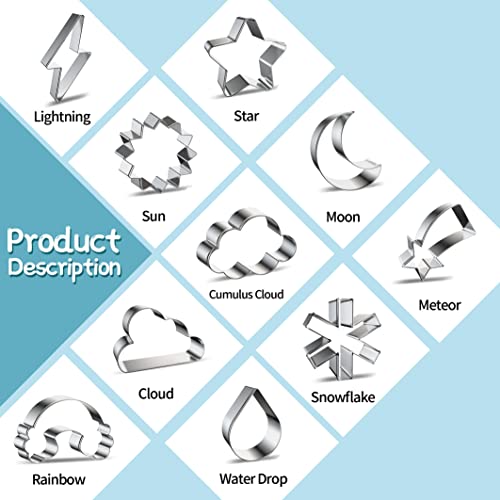Cookdaomo Weather Shapes Cookie Cutters Set Of 10 Pcs,Stainless Steel Cookie Cutters Molds Lightning,Star,Sun,Moon,Cumulus Cloud,Meteor,Cloud,Snowflake,Rainbow,Water Drop Pattern #TOP1