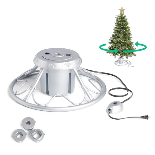 Home Heritage 360° Rotating Christmas Tree Stand – Silver Sturdy Metal Base for Trees up to 9ft Tall – Holiday Decor Accessory
