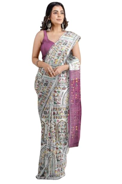 Handloom Cotton Saree with Warli Print Design, Yellow and Grey Border, Traditional Ethnic Indian Wear-picture-26