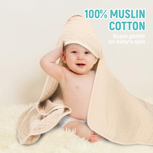 Image of MIGIOL Hooded Baby Bath Towels 100% Muslin Cotton Baby Bath Towel for Infant, Toddler and Kids,Soft and Absorbent Newborn Essential，Large 32x32Inch 2 Pieces Coffee & Beige